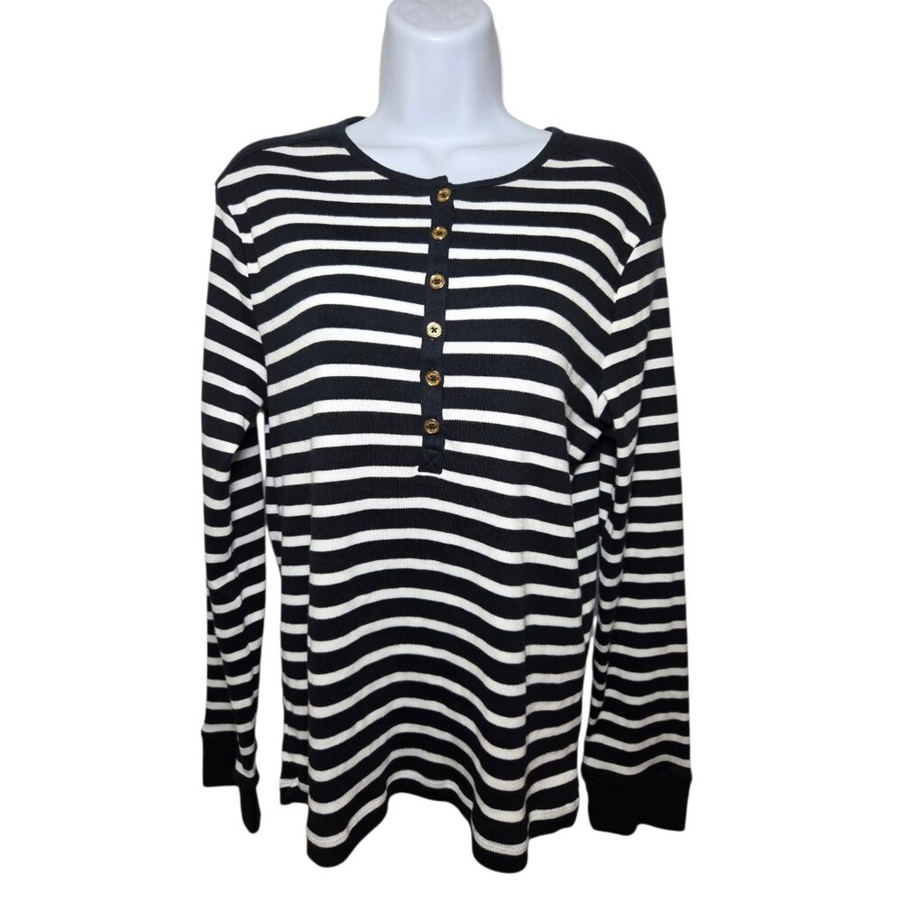 Chaps Black‎ White Striped Ribbed Half-Button Pullover Stretch LS Top L/XL NWT